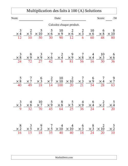 Multiplication des faits à 100 (50 Questions) (Pas de zéros ni de uns) (Tout) page 2