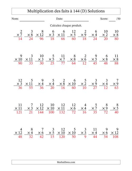 Multiplication des faits à 144 (50 Questions) (Pas de zéros ni de uns) (D) page 2