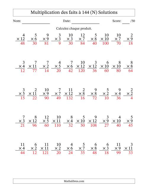 Multiplication des faits à 144 (50 Questions) (Pas de zéros ni de uns) (N) page 2