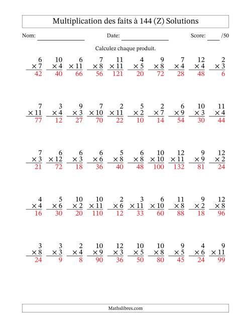 Multiplication des faits à 144 (50 Questions) (Pas de zéros ni de uns) (Z) page 2