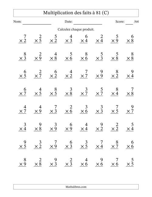 Multiplication des faits à 81 (64 Questions) (Pas de zéros ni de uns) (C)