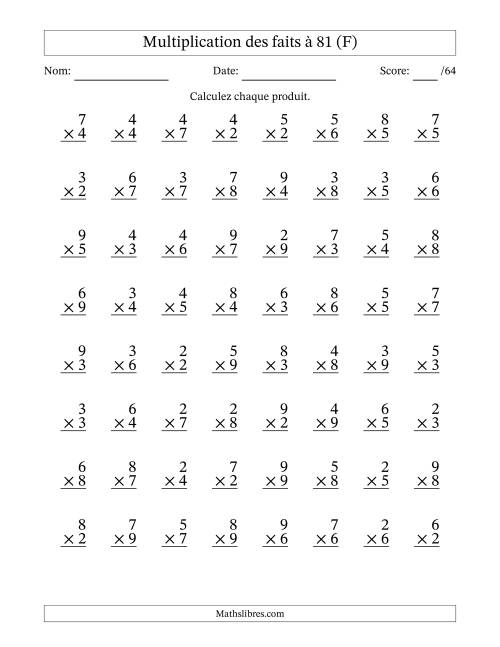 Multiplication des faits à 81 (64 Questions) (Pas de zéros ni de uns) (F)