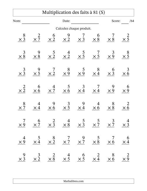 Multiplication des faits à 81 (64 Questions) (Pas de zéros ni de uns) (S)