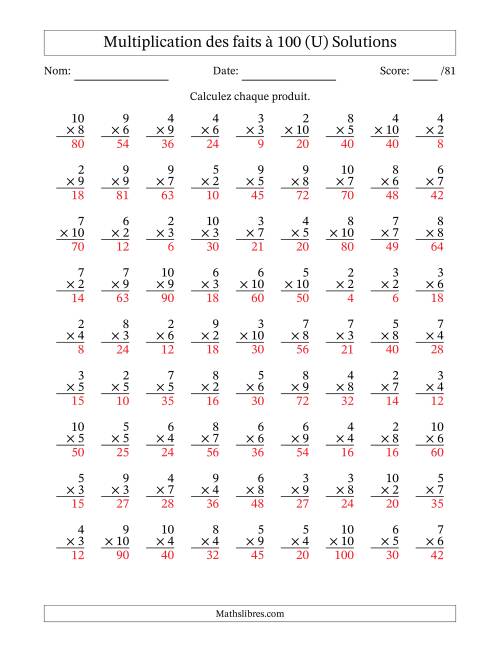 Multiplication des faits à 100 (81 Questions) (Pas de zéros ni de uns) (U) page 2