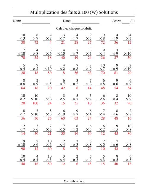 Multiplication des faits à 100 (81 Questions) (Pas de zéros ni de uns) (W) page 2