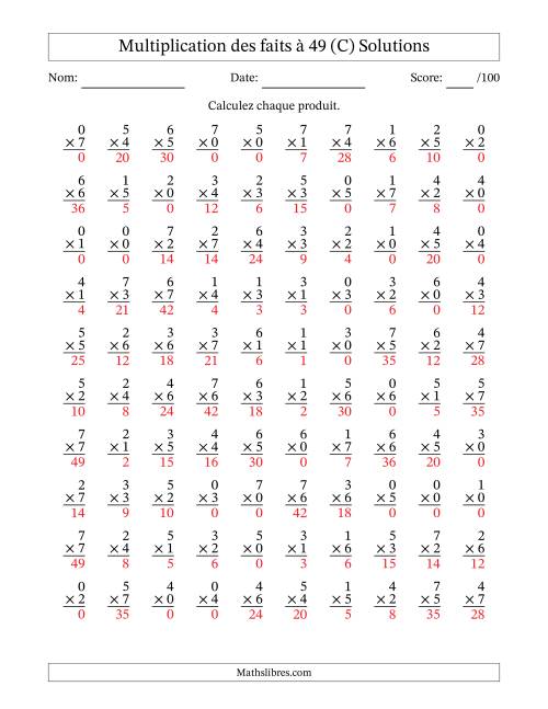 Multiplication des faits à 49 (100 Questions) (Avec Zeros) (C) page 2