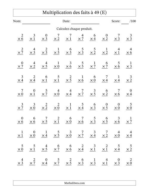 Multiplication des faits à 49 (100 Questions) (Avec Zeros) (E)