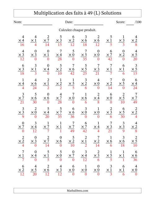 Multiplication des faits à 49 (100 Questions) (Avec Zeros) (L) page 2