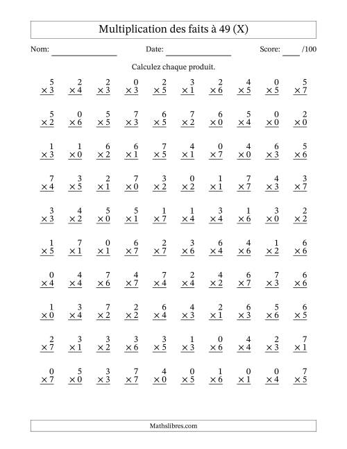 Multiplication des faits à 49 (100 Questions) (Avec Zeros) (X)