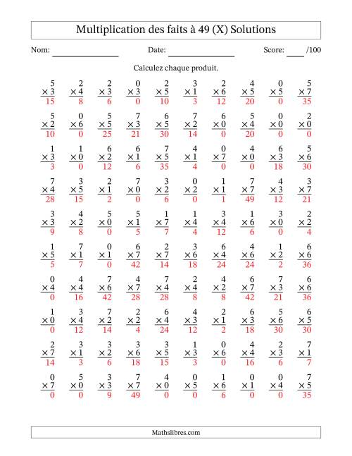Multiplication des faits à 49 (100 Questions) (Avec Zeros) (X) page 2