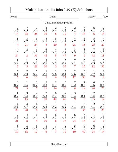 Multiplication des faits à 49 (100 Questions) (Pas de Zeros) (K) page 2