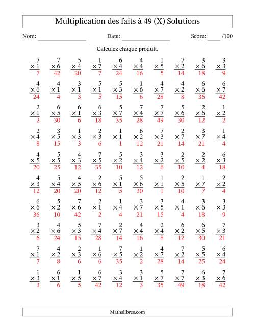 Multiplication des faits à 49 (100 Questions) (Pas de Zeros) (X) page 2