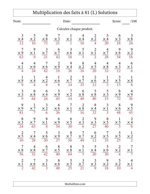 Multiplication des faits à 81 (100 Questions) (Pas de zéros) (L) page 2