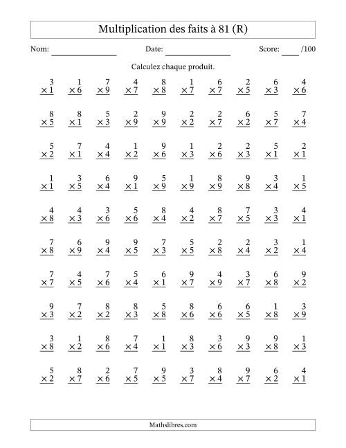 Multiplication des faits à 81 (100 Questions) (Pas de zéros) (R)