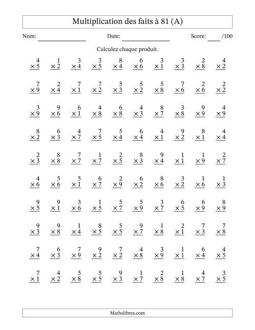 Multiplication des faits à 81 (100 Questions) (Pas de zéros) (Tout)