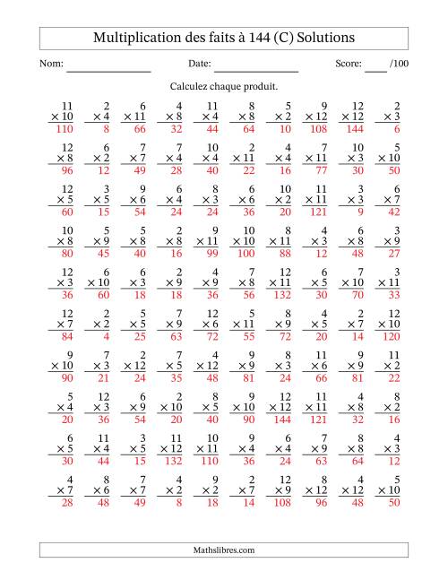 Multiplication des faits à 144 (100 Questions) (Pas de zéros ni de uns) (C) page 2