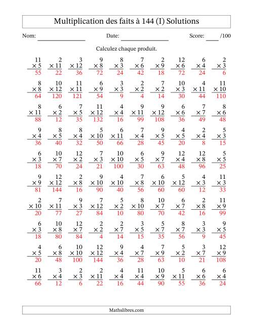 Multiplication des faits à 144 (100 Questions) (Pas de zéros ni de uns) (I) page 2