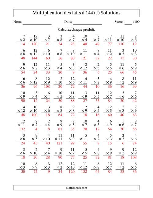 Multiplication des faits à 144 (100 Questions) (Pas de zéros ni de uns) (J) page 2