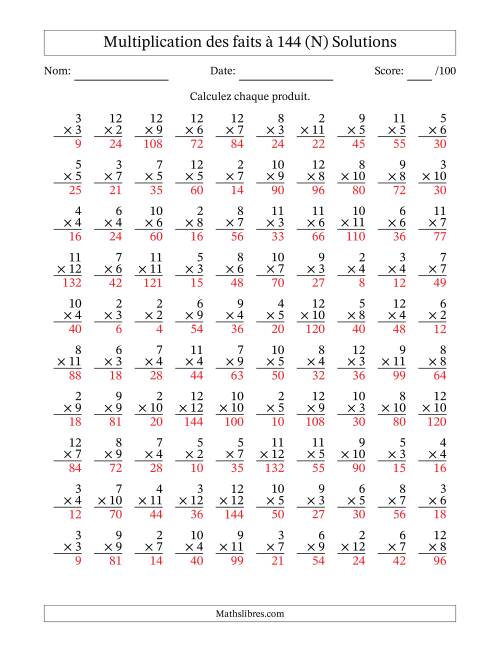 Multiplication des faits à 144 (100 Questions) (Pas de zéros ni de uns) (N) page 2