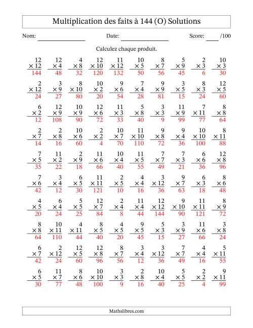 Multiplication des faits à 144 (100 Questions) (Pas de zéros ni de uns) (O) page 2