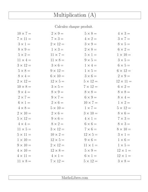 Règles de Multiplication -- Règles jusqu'à 144 (A)