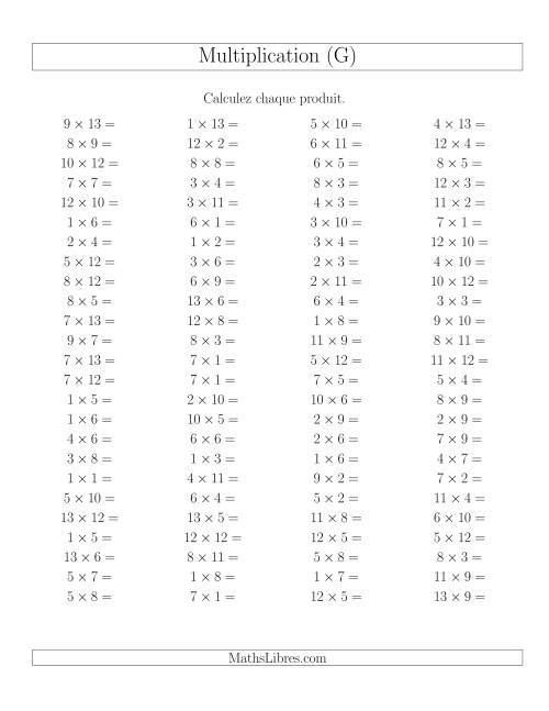 Règles de Multiplication -- Règles jusqu'à 169 (G)