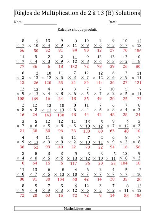 Règles de Multiplication de 2 à 13 (100 Questions) (B) page 2