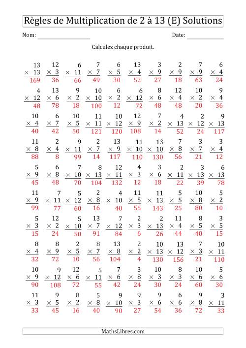 Règles de Multiplication de 2 à 13 (100 Questions) (E) page 2