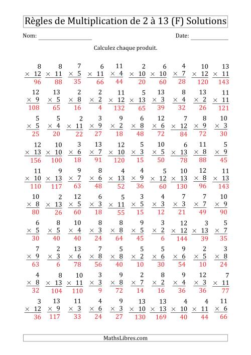 Règles de Multiplication de 2 à 13 (100 Questions) (F) page 2