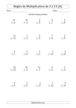 Règles de Multiplication de 2 à 13 (25 Questions)