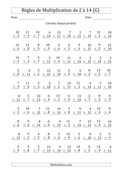 Règles de Multiplication de 2 à 14 (100 Questions) (G)