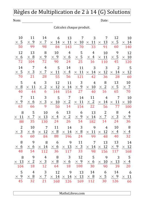 Règles de Multiplication de 2 à 14 (100 Questions) (G) page 2