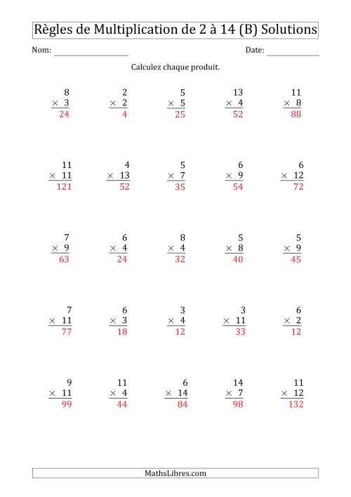 Règles de Multiplication de 2 à 14 (25 Questions) (B) page 2
