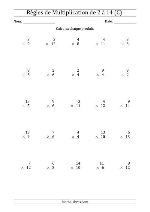 Règles de Multiplication de 2 à 14 (25 Questions) (C)