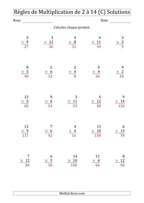 Règles de Multiplication de 2 à 14 (25 Questions) (C) page 2