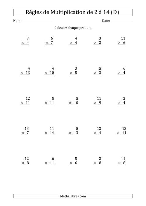 Règles de Multiplication de 2 à 14 (25 Questions) (D)