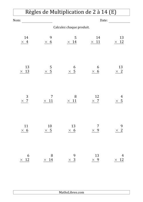 Règles de Multiplication de 2 à 14 (25 Questions) (E)