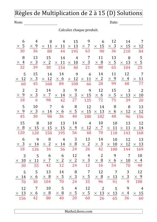 Règles de Multiplication de 2 à 15 (100 Questions) (D) page 2