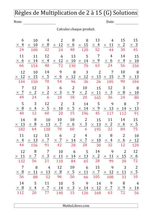 Règles de Multiplication de 2 à 15 (100 Questions) (G) page 2