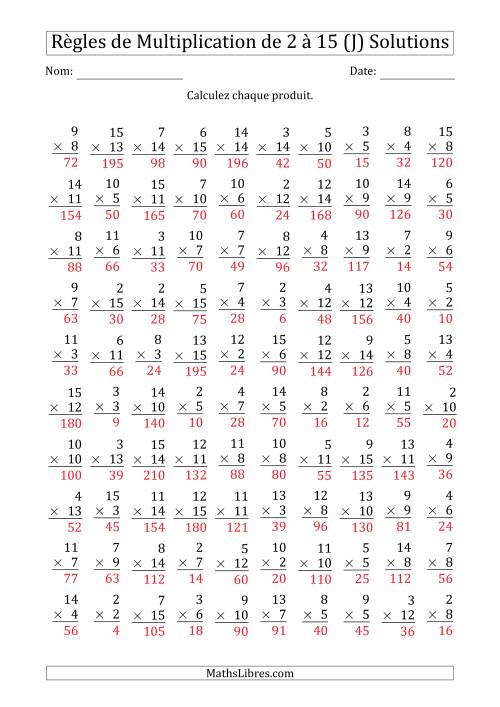 Règles de Multiplication de 2 à 15 (100 Questions) (J) page 2