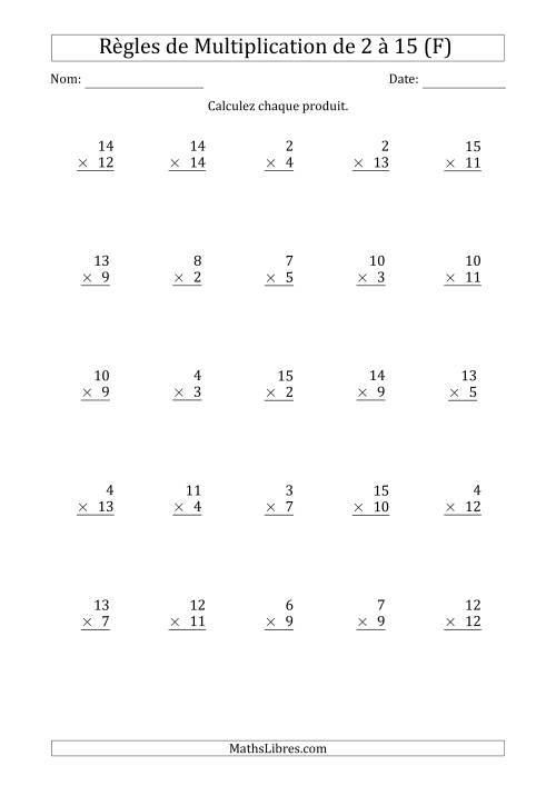 Règles de Multiplication de 2 à 15 (25 Questions) (F)