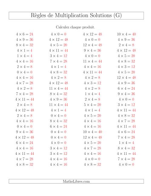 Règles de Multiplication -- Règles de 4 × 0-12 (G) page 2