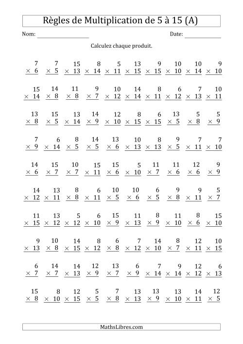 Règles de Multiplication de 5 à 15 (100 Questions) (A)
