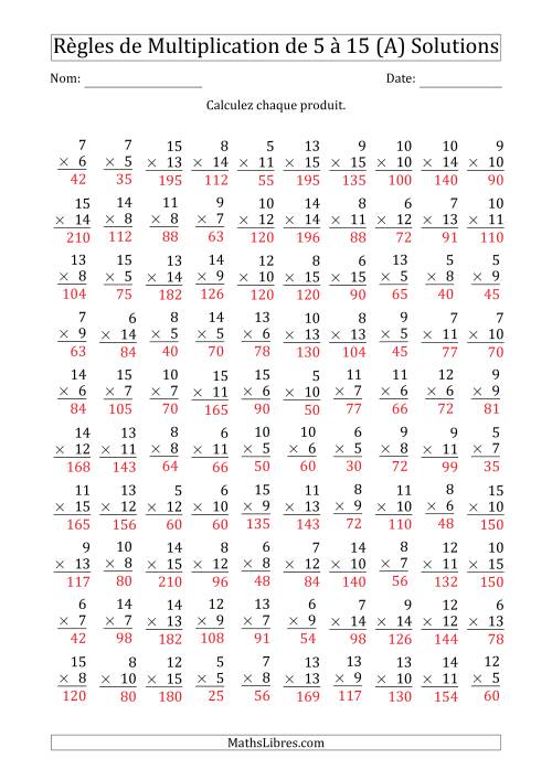 Règles de Multiplication de 5 à 15 (100 Questions) (A) page 2