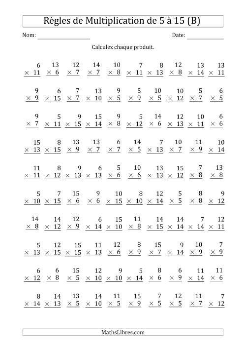 Règles de Multiplication de 5 à 15 (100 Questions) (B)
