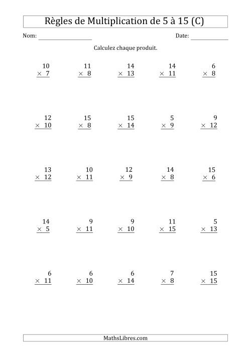 Règles de Multiplication de 5 à 15 (25 Questions) (C)