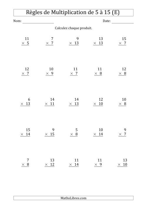 Règles de Multiplication de 5 à 15 (25 Questions) (E)