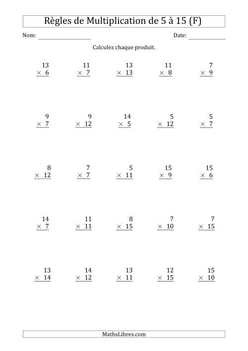 Règles de Multiplication de 5 à 15 (25 Questions) (F)