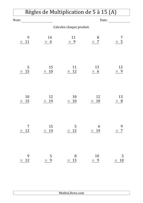 Règles de Multiplication de 5 à 15 (25 Questions) (Tout)