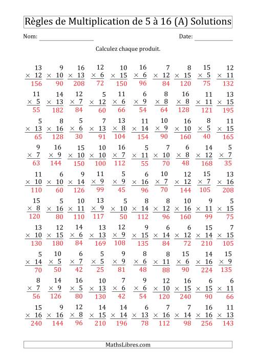 Règles de Multiplication de 5 à 16 (100 Questions) (A) page 2